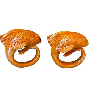 Set Of 2 Pottery Barn Bright Orange Ceramic Fish-Shaped Napkin Rings